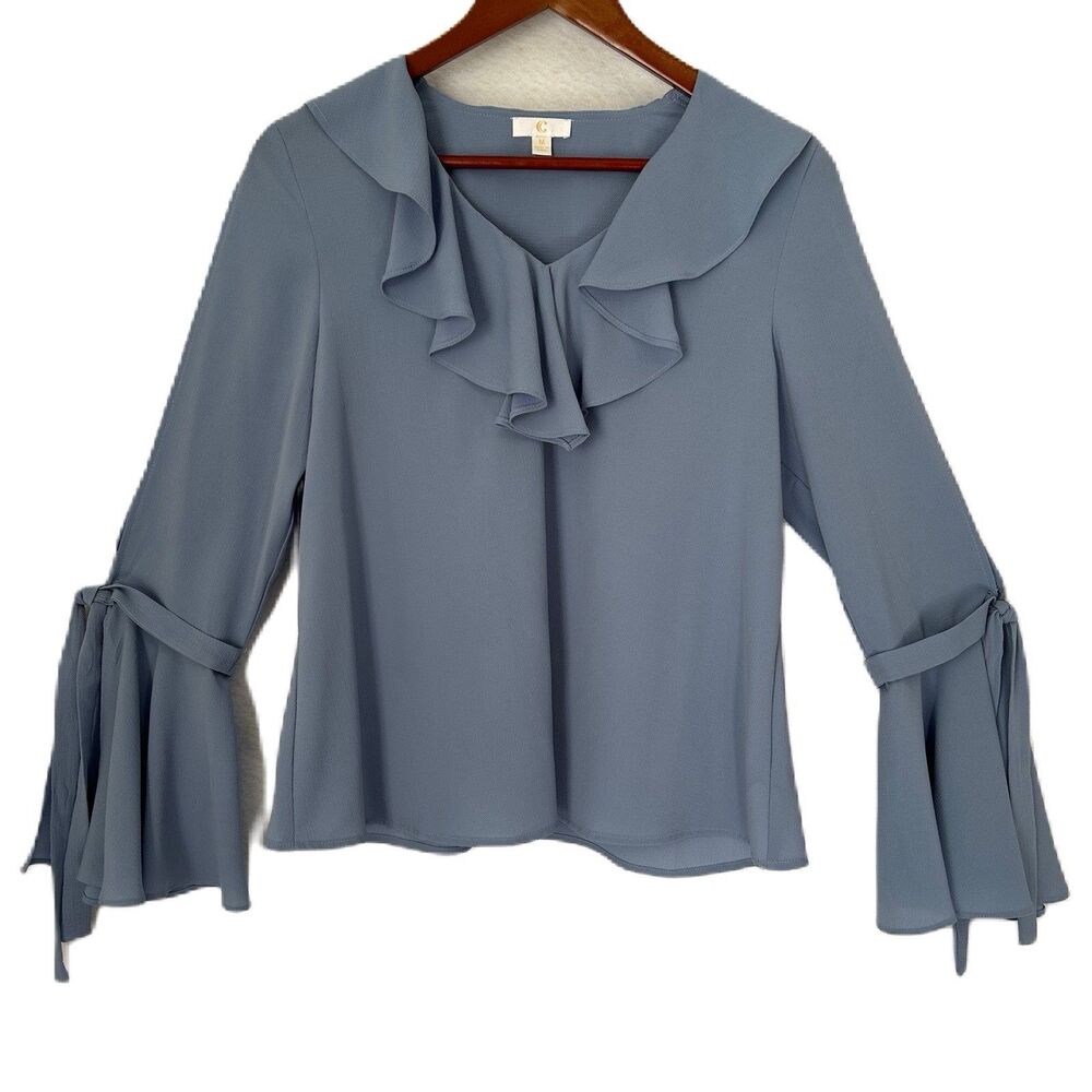 Charming Charlie Blouse Women M Blue Ruffle Bows Split Sleeve Chiffon Cottage